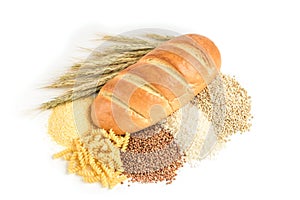 Loaf of bread and ears of grain isolated on white background