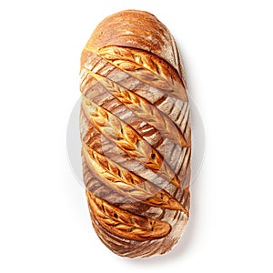 Loaf of bread isolated on a white background. The bread appears fresh and inviting, with its crusty