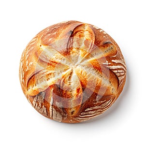 Loaf of bread isolated on a white background. The bread appears fresh and inviting, with its crusty