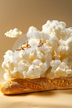 A loaf of bread is sitting on a table with a cloud of white cotton candy