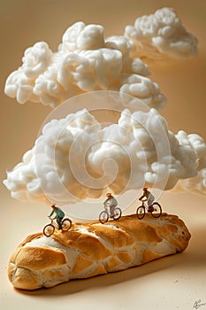 A loaf of bread with three people riding bicycles on it