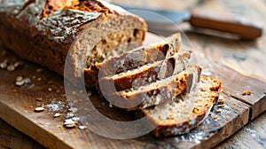 Loaf of Bread on Wooden Cutting Board, Freshly Baked Basic Nourishment for Meals and Sandwiches photo
