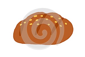 Loaf of brown rye bread. Fresh whole-grain bakery. Cereal food from dough with sesame seeds. Colored flat vector