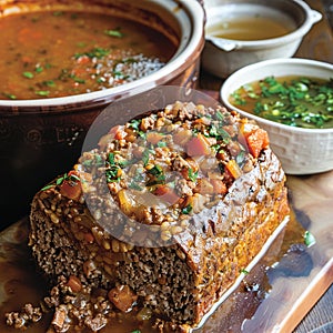 A loaf filled with spicy meat and wholesome wheat grains becomes the star of a meal, complemented by a side of rich broth photo
