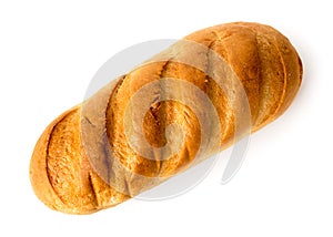 A loaf of fresh bread on a white background. The view from the top.