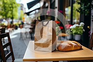Loaf of freshly baked wheat bread and a craft paper bag lie on the table of a street cafe, bakery and confectionery