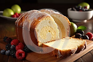 a loaf of lemon pound cake on a cutting board with berries and a bowl of green apples in the backgrouf of the photo