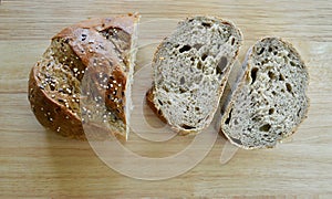A loaf of light rye pane di casa with linseed and quinoa