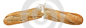 Loaf of long white bread isolated on white background. A loaf of crispy French baguette broken in half, crumbs flying in