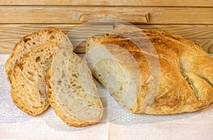 loaf of sliced white artisan bread, on the table near the breadbasket