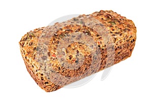 Loaf of whole grain bread on white