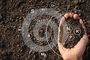 Loamy soil that is rich in man`s hands and has iconic technology about soil nutrients that are essential to cultivation