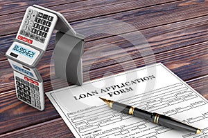 Loan Application Form with Mortgage Calculators in the Shape of a House and Pen. 3d Rendering