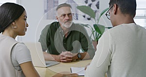 Loan, contract and couple sign paperwork with financial advisor in an agency office planning budget for a insurance