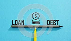Loan and debt on scales. Borrow loans to pay off debts, debt restructuring. Financial system balance difficulties
