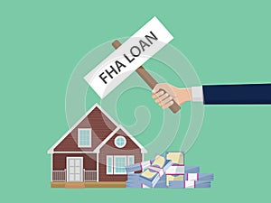Loan fha illustration with hand holding a poster house and cash money stack