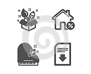 Loan house, Piano and Creativity icons. Download file sign. Discount percent, Fortepiano, Design idea. Vector