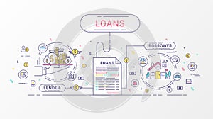 Loan Infographics. Loan agreement between the lender and the borrower. Flat line icons design contains creditor, and debtor.