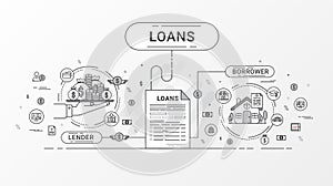 Loan Infographics. Loan agreement between the lender and the borrower. Flat line icons design contains creditor, and debtor. photo