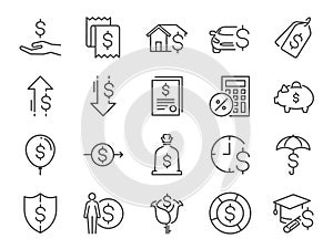 Loan and interest icon set. Included the icons as fees, personal income, house mortgage loan, car leasing, flat rate interest, ins