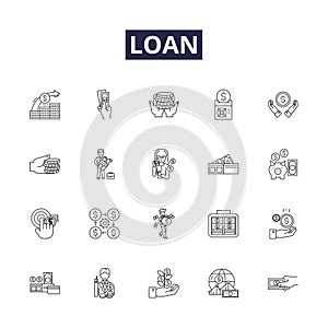 Loan line vector icons and signs. Lend, Mortgage, Credit, Funds, Borrowing, Debt, Capital,Interest outline vector