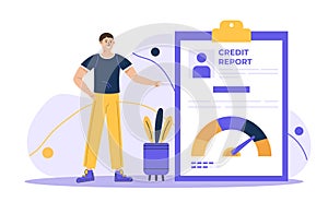 Loan manager concept. Credit report document concept. Young man standing around credit rating. Vector illustration in flat style