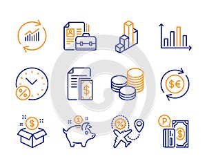 Loan percent, Flight sale and 3d chart icons set. Vacancy, Post package and Money currency signs. Vector