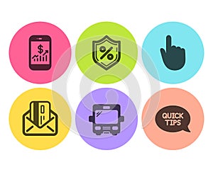 Loan percent, Hand click and Mobile finance icons set. Credit card, Bus and Quickstart guide signs. Vector