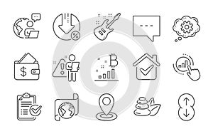 Loan percent, Translation service and Scroll down icons set. Blog, Spa stones and Graph chart signs. Vector