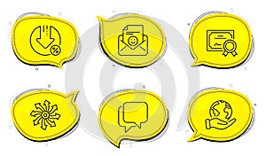 Loan percent, Versatile and Talk bubble icons set. Smile sign. Decrease rate, Multifunction, Chat message. Vector