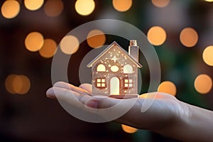 Loan for real estate concept illustrated by hand holding paper house on bokeh background