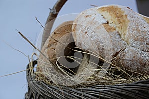 loaves of bread from the bakery in the store. Basket wicker with pastries.