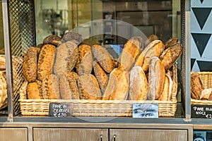 Loaves of Italian white Bread, Ciabatta, in bakery shop