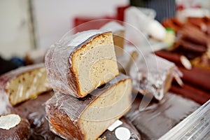 Loaves of organic bread for sale at outdoor farmers market in Vilnius