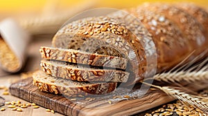 Loaves of whole wheat rye bread on wood board, wheat ears in the background morning sunlight, Bread making concept