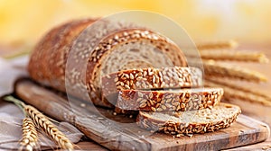 Loaves of whole wheat rye bread on wood board, wheat ears in the background morning sunlight, Bread making concept