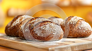 Loaves of whole wheat rye bread on wood board. Yellow background morning sunlight, Bread making concept