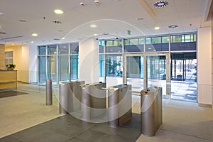 Lobby entrance with turnstile