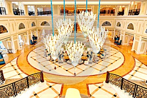 Lobby interior of the luxury hotel in night illumination