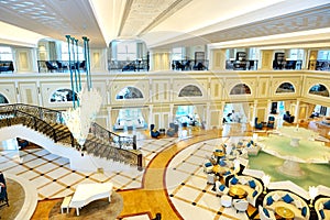 Lobby interior of the luxury hotel in night illumination