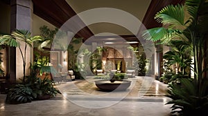 Lobby lobby of an architecturally luxurious tropical hotel. Style modern business interior. AI generated.