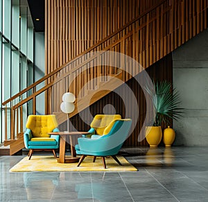 a lobby with two yellow chairs and a table