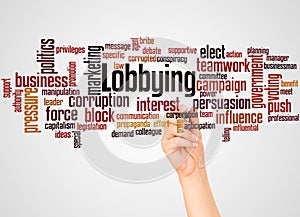 Lobbying word cloud and hand with marker concept photo