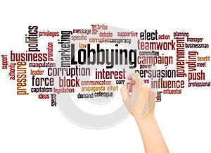 Lobbying word cloud and hand writing concept