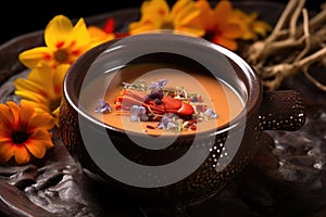 lobster bisque in a bowl with garnish