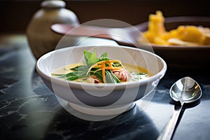 lobster bisque in a bowl with spoon