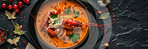 Lobster Bisque, Crab Puree Soup Top View, Seafood Chowder, Gourmet Shellfish Soup on Natural Black Stone