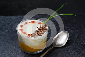 Lobster bisque with a creamy molecular foam topping, garnish and spoon on a dark slate background, copy space