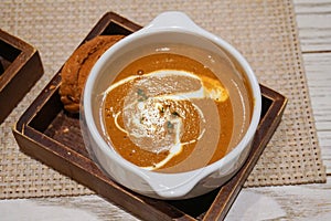 Lobster bisque soup and garlic bread