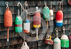 Lobster Buoys on a fishing shack in Acadia National Park